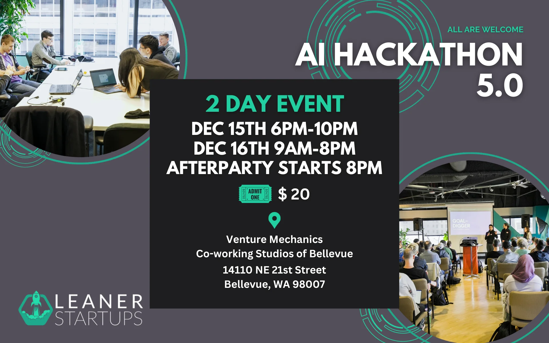 Leaner Startups AI Hackathon 5.0 at Venture Mechanics Co-working Studios of Bellevue Event Image